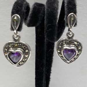 Vintage Sterling Silver Amethyst Marcasite Heart Dangle Earrings