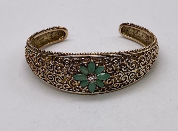 Vintage Gold Over 925 Sterling Jade Flower Cuff Bracelet - Etsy Israel