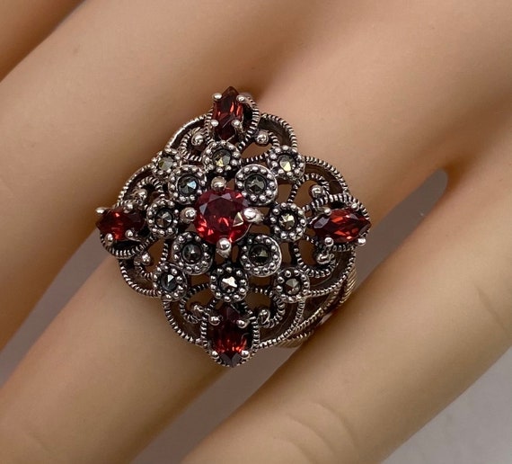 Bague Art Déco En Argent Massif 900 Sertie De Grenats – Taille 62,5 – Occasion Vintage