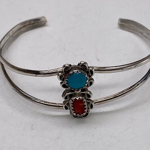 Vintage Southwest Native Sterling Silber Türkis & Koralle Manschette Armband