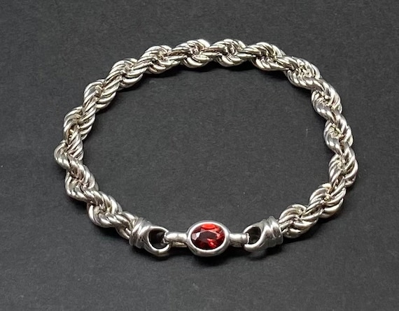 Vintage Sterling Silver Garnet Rope Chain Bracelet - image 1