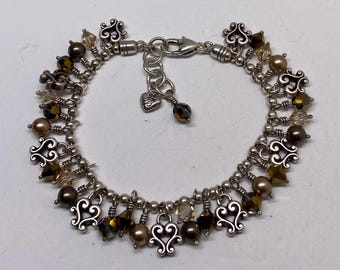 Vintage Brighton Jewelry Heart Faux Pearl & Crystal Charm Bracelet