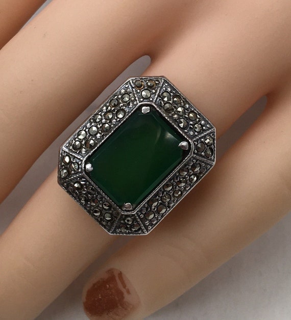 Antique Art Deco Sterling Silver Green Stone & Marcasite Ring ...