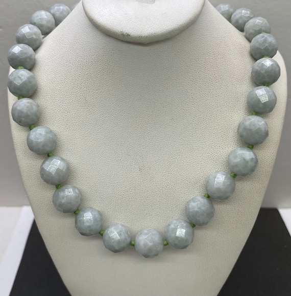 Sterling Silver Natural Jade Stone Faceted Necklac