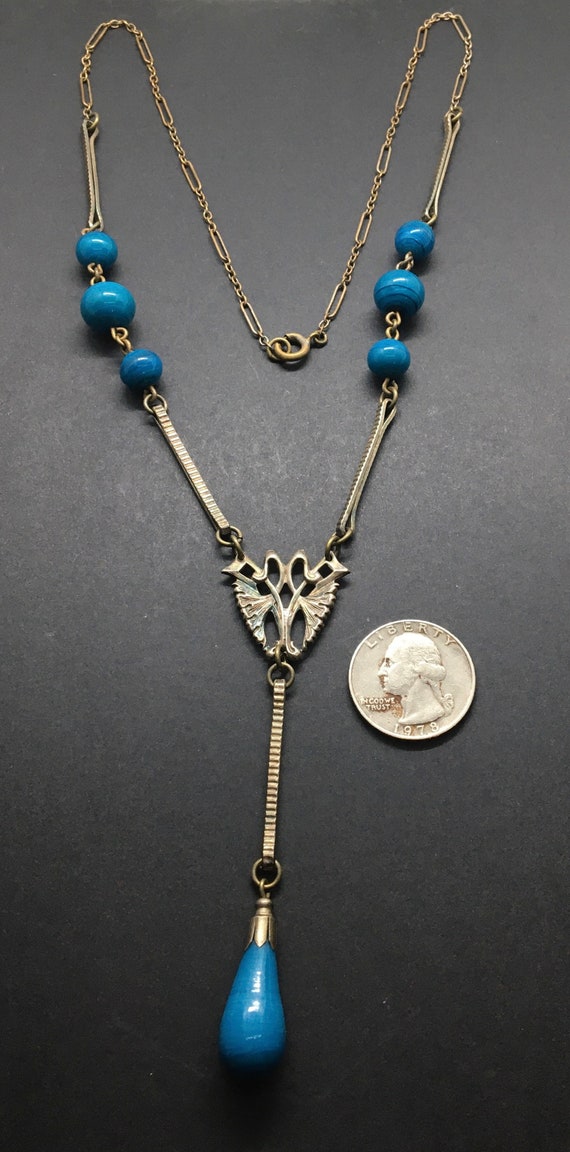 Antique Jewelry Art Deco Czech blue lariat neckla… - image 4