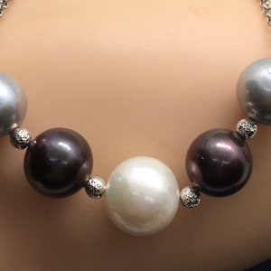 Vintage Genuine Pearl Multi Color 13mm Large Pearl Necklace Sterling Silver