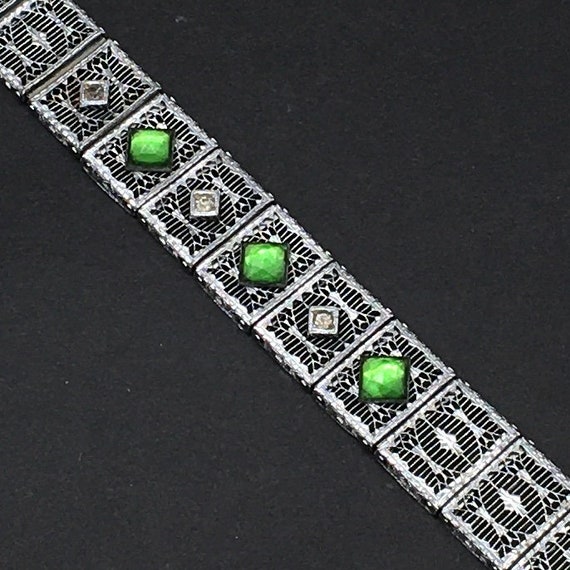 Antique Art Deco Emerald Green Rhodium Plate Brac… - image 3