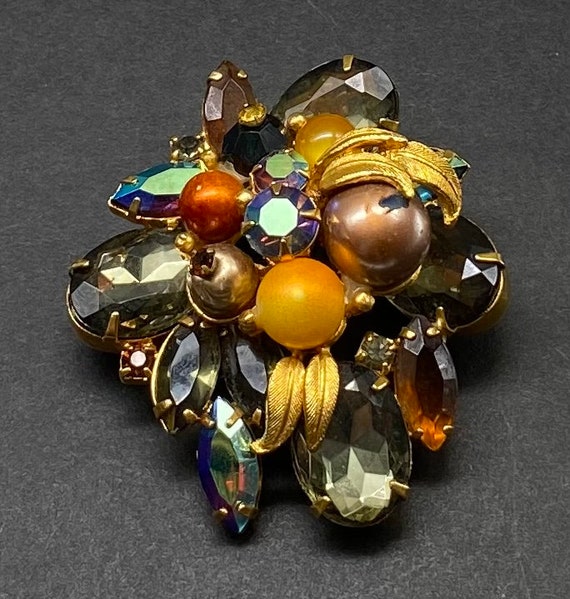 Vintage Juliana Gold Tone Smoky Crystal & AB Faux Pearl Rhinestone
