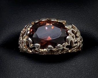 Anello Art Déco vintage in argento sterling e quarzo fumé enorme, misura 8,25
