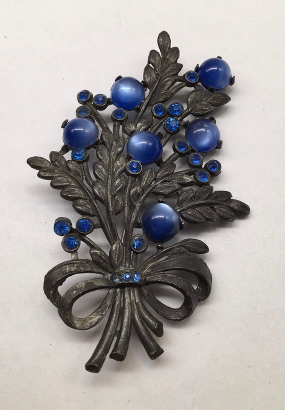 Antique Blue Moon glow Rhinestone Flower Brooch