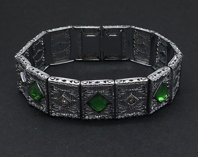 Art Deco Green Glass Rhodium Plated Bracelet