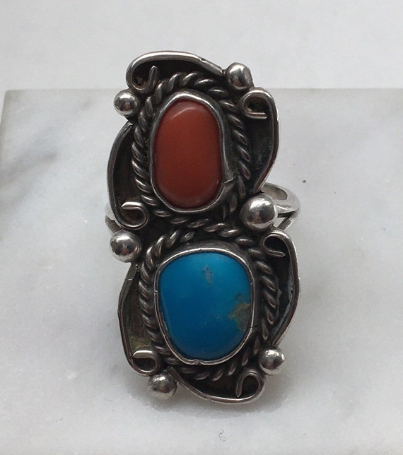 Old Pawn Sterling Silver Native Turquoise & Coral… - image 3