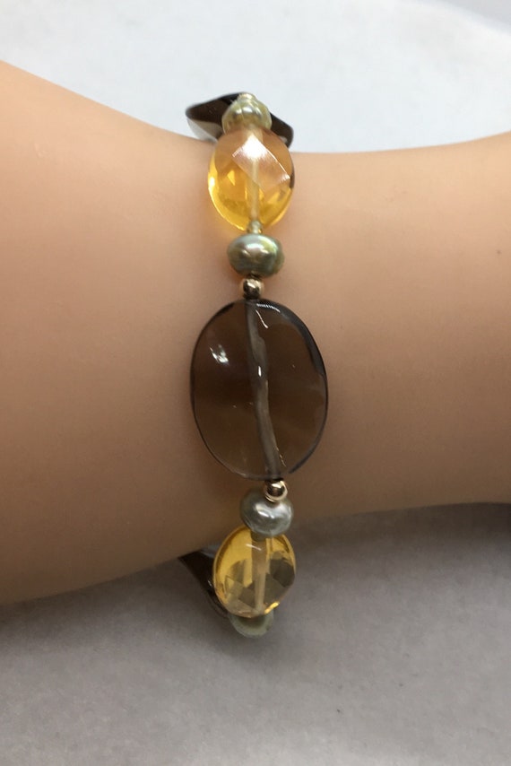 14k gold smoky quartz, citrine,  pearl bracelet - image 1