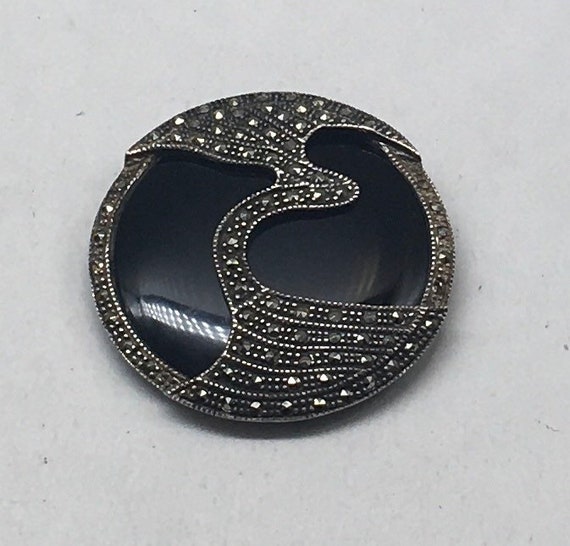 Art Deco Sterling Silver Black Onyx Marcasite Bro… - image 1