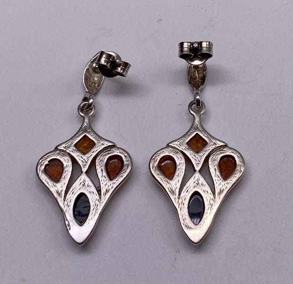 Vintage Sterling Silver Art Deco Amber Dangle Ear… - image 2