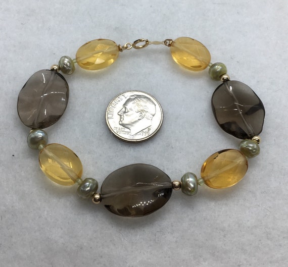 14k gold smoky quartz, citrine,  pearl bracelet - image 2