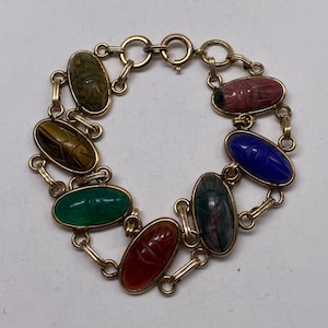 Vintage Art Deco 12k Gold Filled Scarab Carved Natural Gemstone Bracelet
