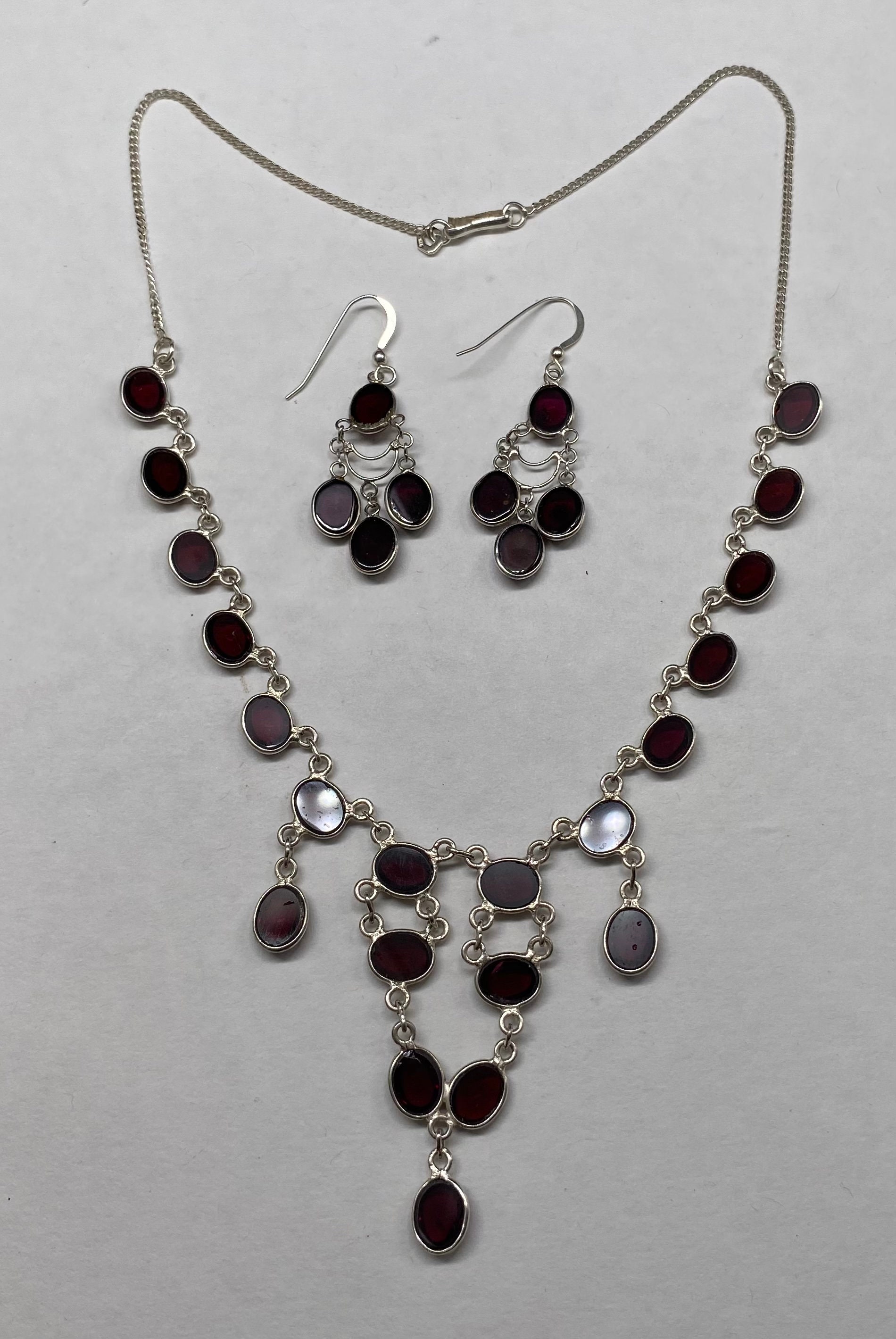 Sterling Silver Pendant Set With Garnet Crystal + Marcasites  VTG Sterling and marcasite and garnet pendant with  earring set (925) display picture 1