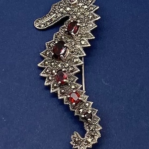 Op de afbeelding: Een zilverkleurige zeepaardbroche, versierd met markasietstenen en rode edelstenen. De broche heeft een gedetailleerd zeepaardontwerp. De achtergrond is diepblauw. Een stijlvol accessoire.