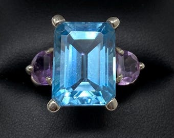 Anillo vintage de plata de ley con topacio azul enorme y amatista, talla 9,75