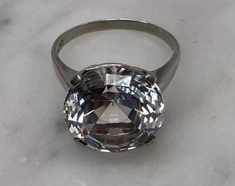 Vintage Art Deco Engagement Ring Huge 10 Carat White Topaz Round Solitaire