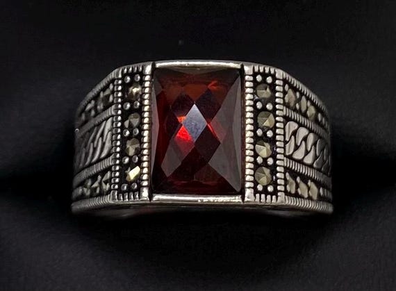 Vintage Art Deco Sterling Silver Red Garnet Faceted Marcasite