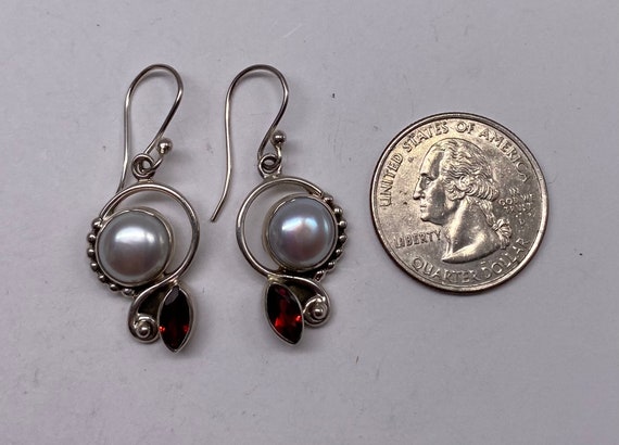 Vintage Sterling Silver Pearl & Garnet Dangle Ear… - image 3