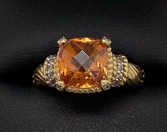Anillo de citrino facetado de talla cojín en oro vermeil SW 925, talla 9