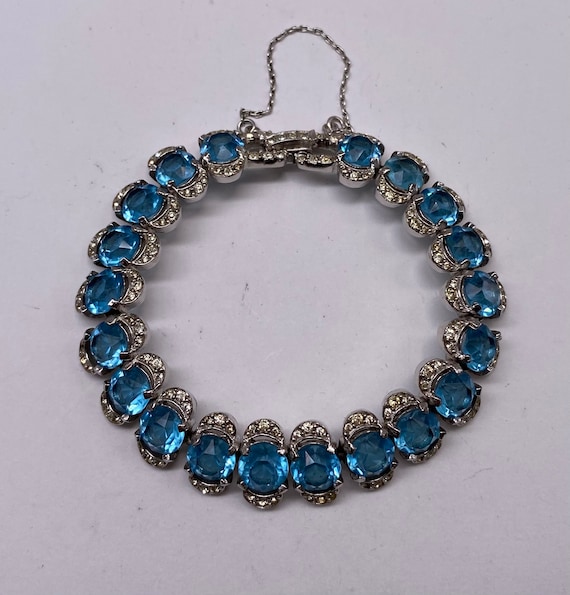 Vintage Art Deco Rhodium Plated Aqua Blue Crystal… - image 1