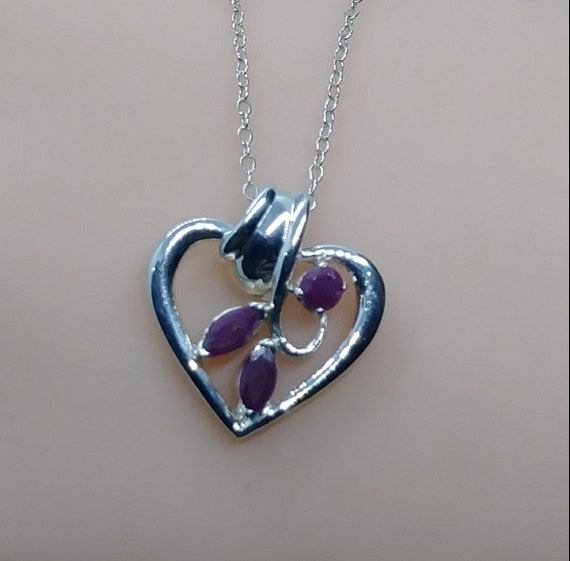 Sterling silver heart with ruby stone necklace vi… - image 1