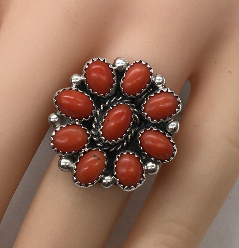 Old Pawn 2024 Sterling Red Coral Cluster Flower Ring Native Jewelry