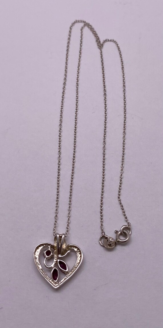 Vintage Sterling Silver & Ruby Stone Heart Pendan… - image 4
