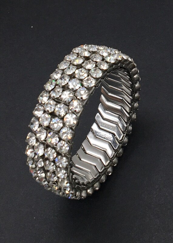 Vintage Silver tone Rhinestone Stretchy Bracelet - image 4