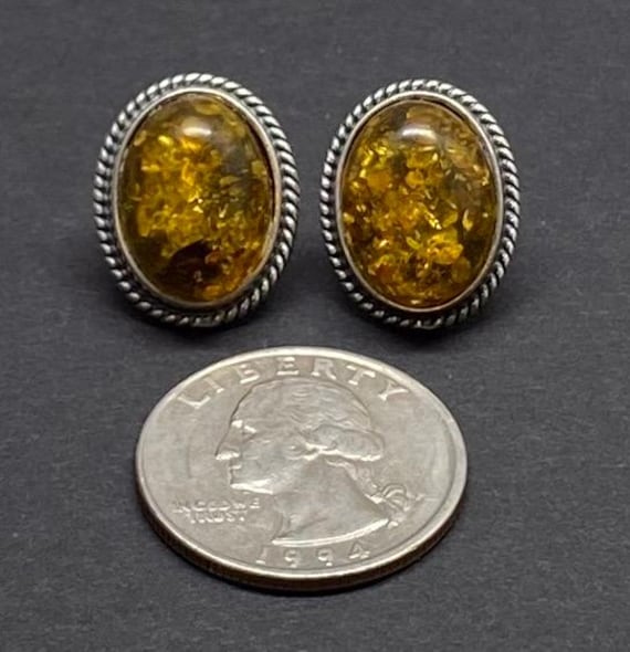 Boucles D'oreilles Art Déco En Argent 925/1000 Avec Ambre Orange - Clous, Occasion, Fabriqué En France