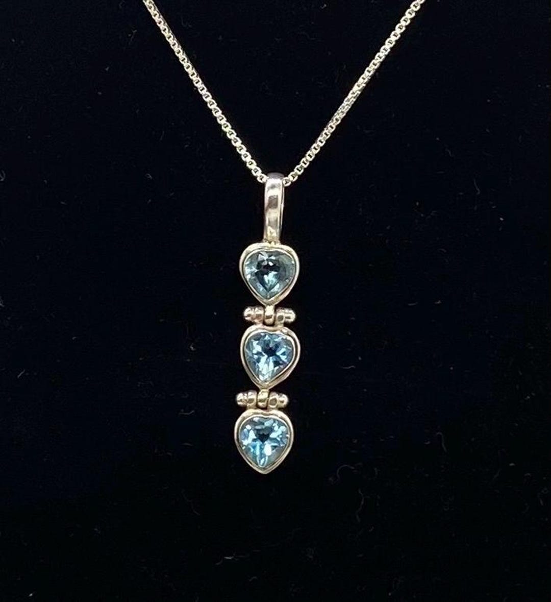 Vintage Sterling Silver & Blue Topaz Triple Heart Shaped Pendant ...