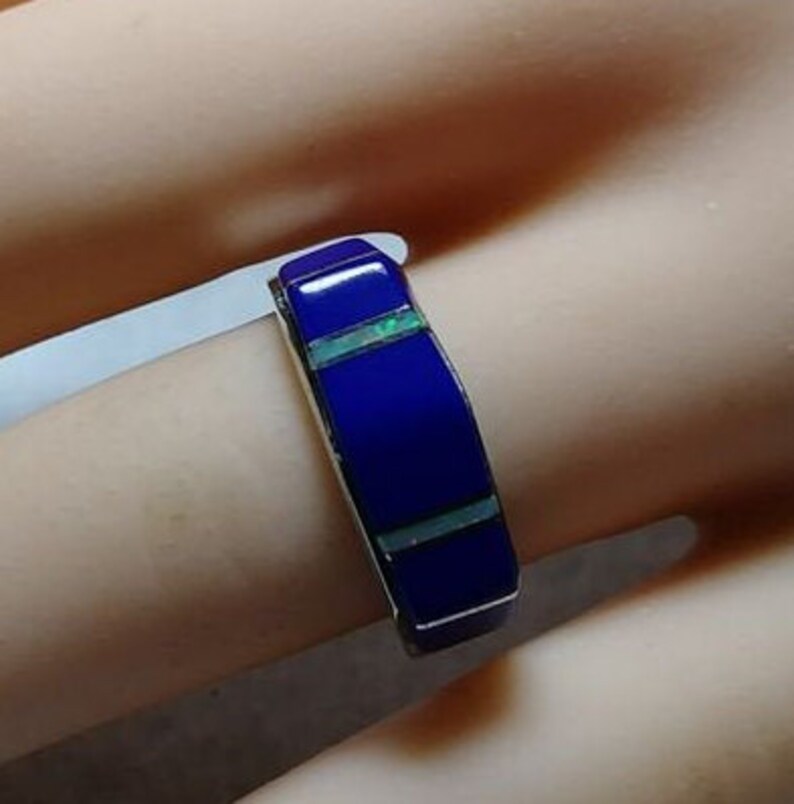 Vintage blue lazuli lapis /& fire opal stone 925 sterling ring size 9