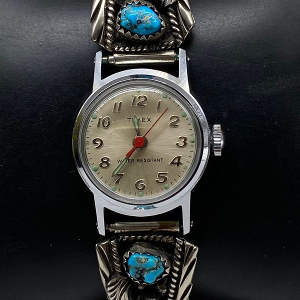 Native American Navajo Sterling Silver Turquoise Coral Watch