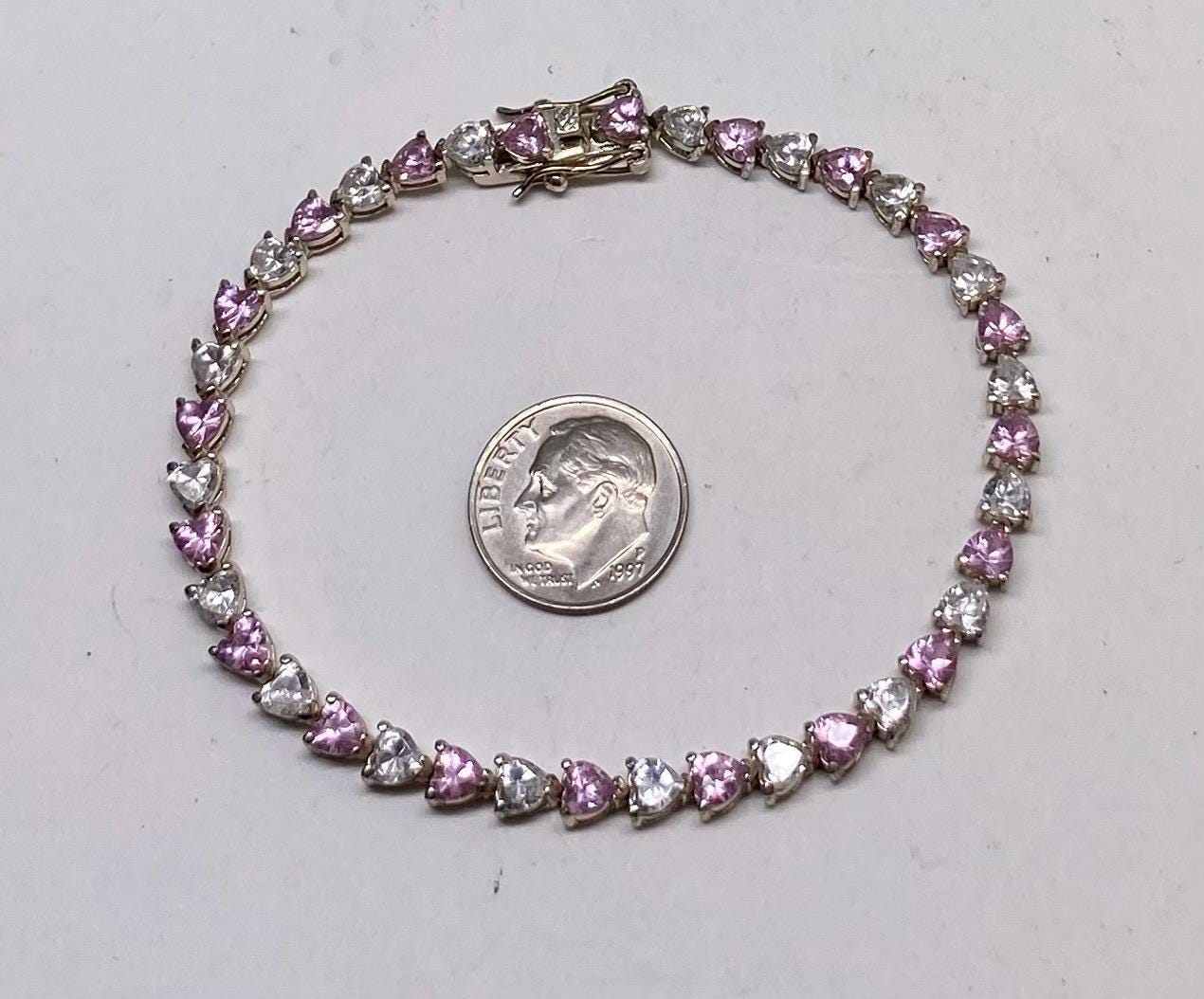 Bracciale tennis vintage in argento sterling con zirconi cubici e quarzo rosa a forma di cuore - Italia