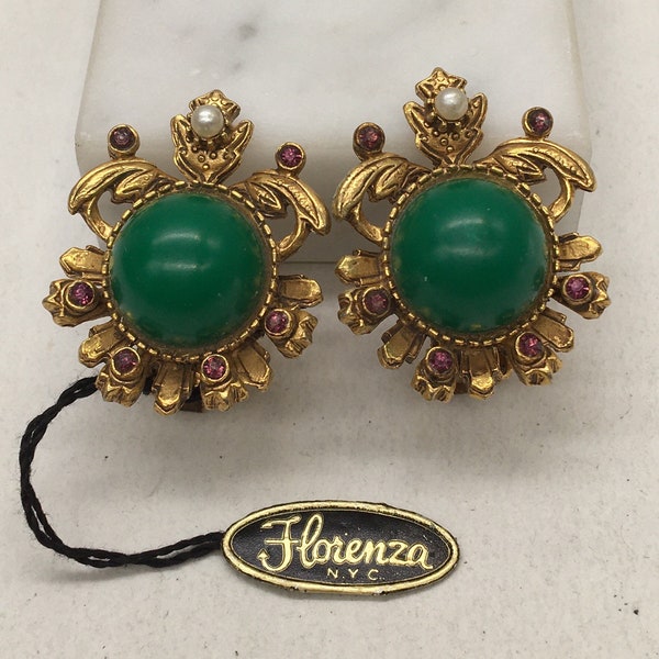 Vintage Florenza NYC Gold tone Green Cabochon Clip Earrings