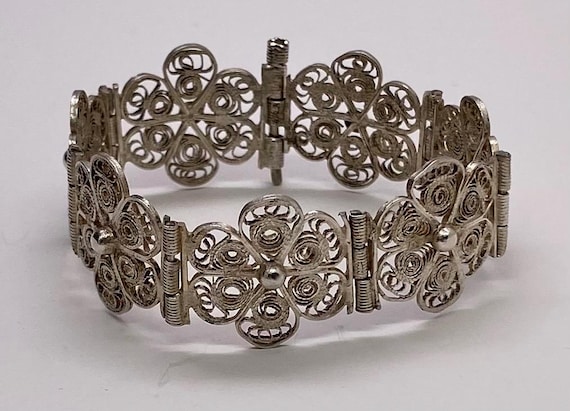 Antique Silver Filigree Panel Bracelet With Flower Pattern