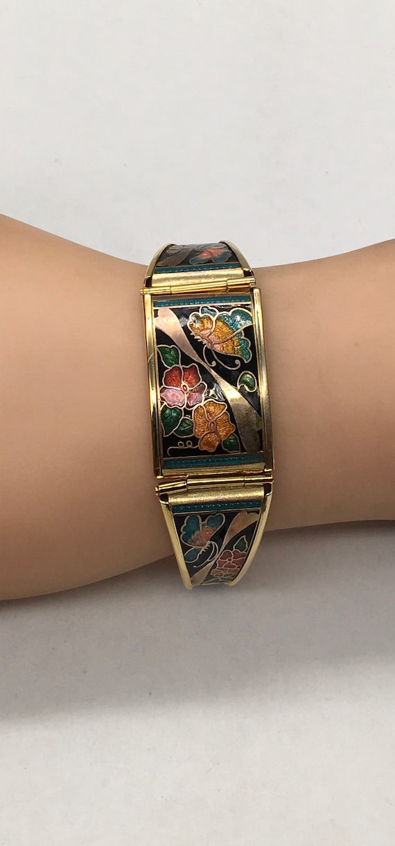 Vintage Cloisonné butterfly & flower bracelet - image 2