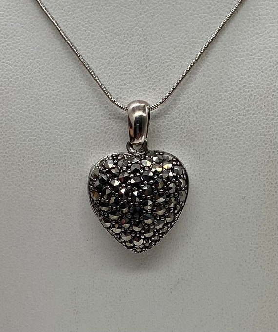 Vintage Art Deco Sterling Silver & Marcasite Heart Photo Locket Pendant Necklace