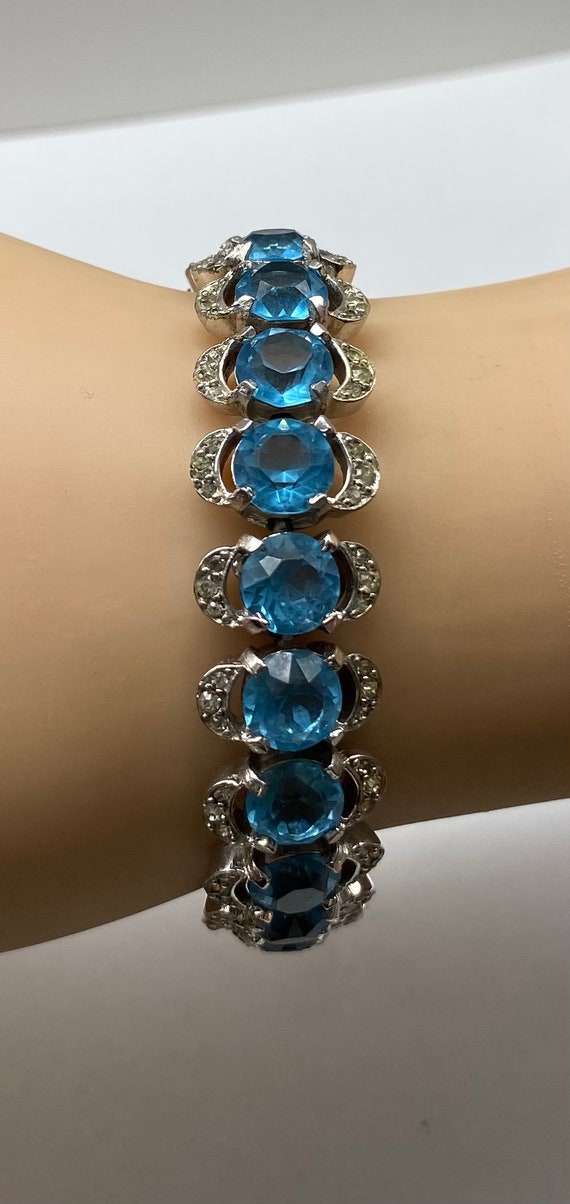Vintage Art Deco Rhodium Plated Aqua Blue Crystal… - image 2