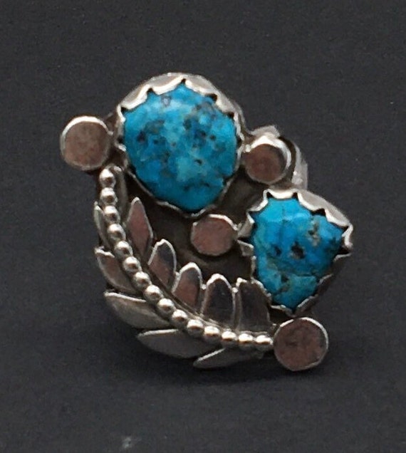 Old Pawn Navajo Turquoise Sterling Silver Ring Si… - image 1