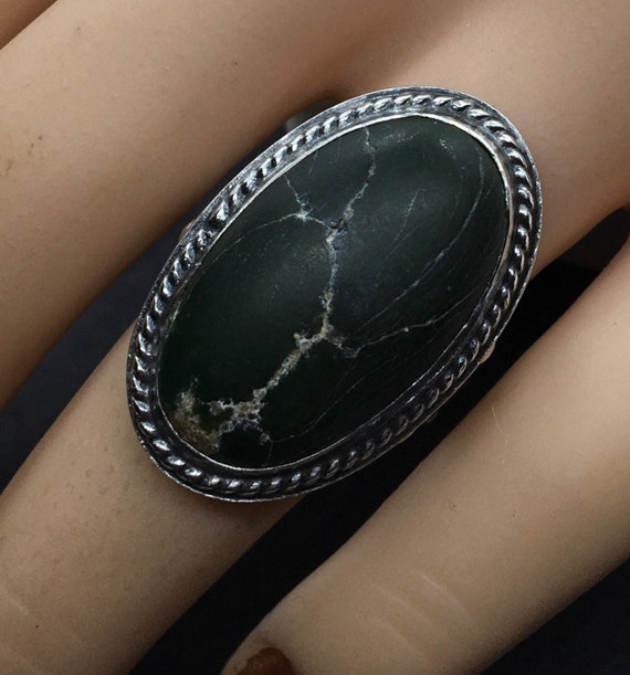 Old Pawn Navajo Huge Green Turquoise Cabochon Ring - image 1