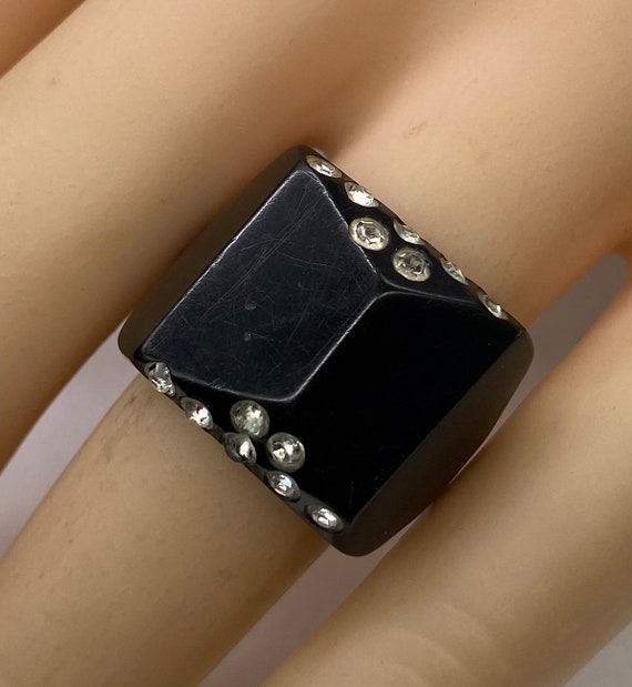 Art Deco Black Bakelite Ring Rhinestone Pave Vinta