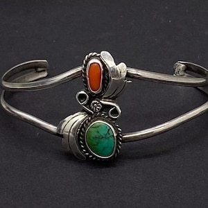 ナバホ バングル スターリング シルバー レッド コーラル ターコイズ カフ INDIAN JEWELRY NAVAJO ナバホ族 ターコイズ&コーラル バングル