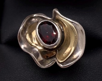 Vintage Sterling & 14k Gold Modernist Brutalist Ring, Granat Ring Größe 8