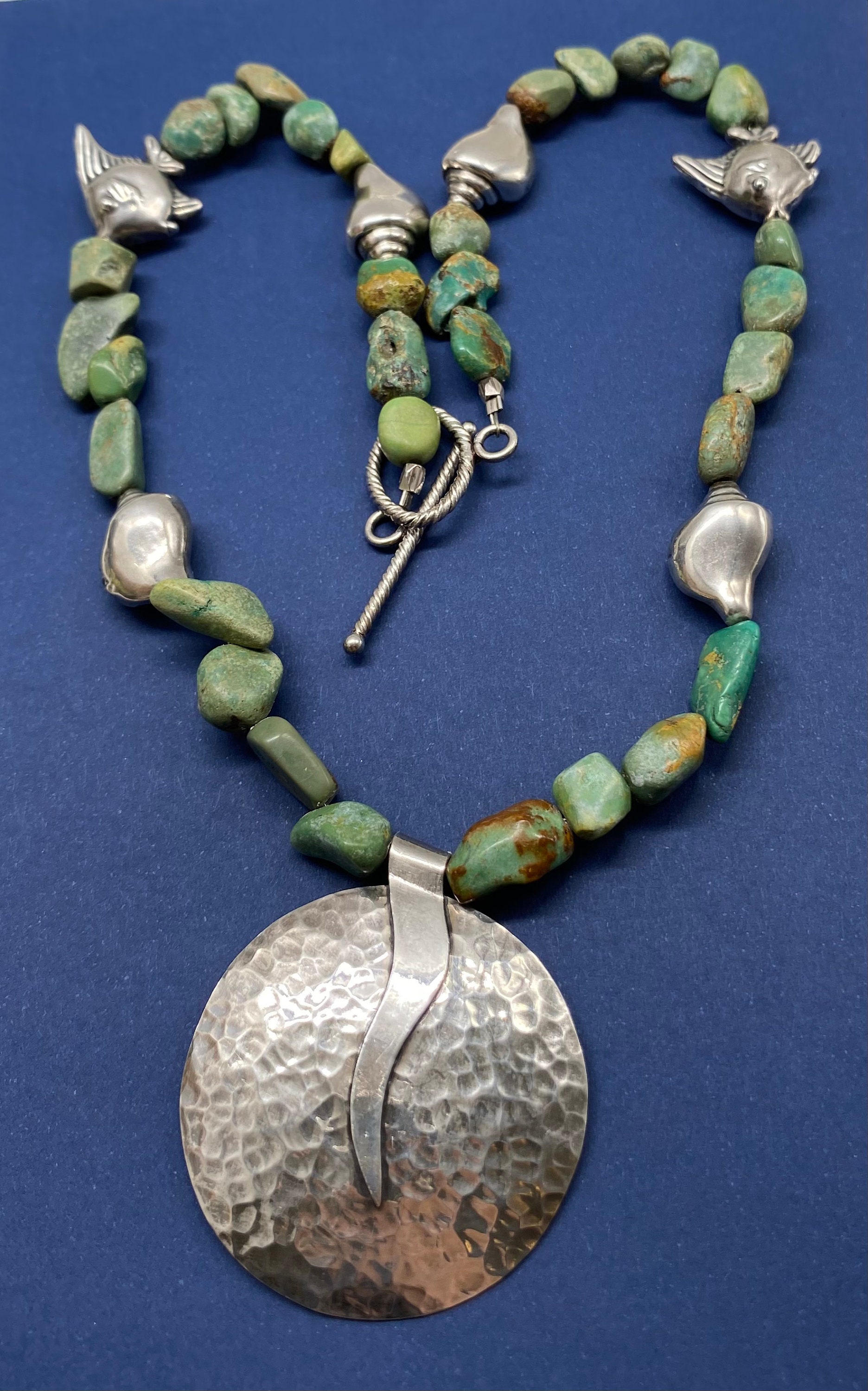 Collier Ancien XXe Siècle, Pépites De Turquoise Et Perles Métal Argenté - Occasion, Bijou Vintage