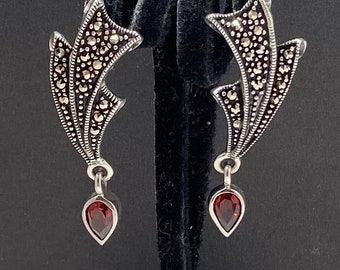 Vintage Art Deco Sterling Silver Marcasite & Garnet Teardrop Earrings